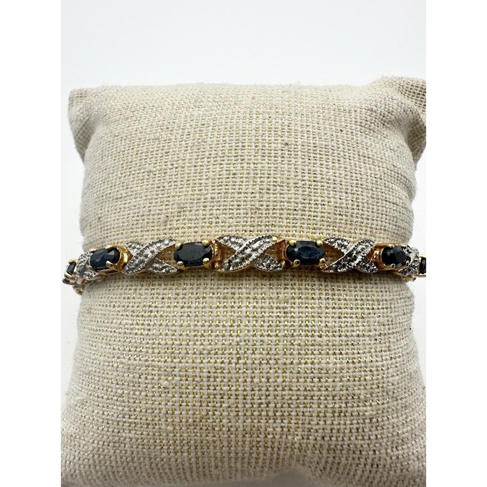 Vintage 925 Sterling Silver Gold Vermeil Sapphire Diamond Tennis Bracelet 7.25”